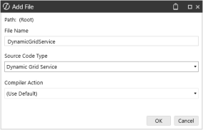 The Add File dialog box has fields complete for the Dynamic Grid Service. File Name = DynamicGridService, Source Code Type = Dynamic Grid Service, Compiler Action = (Use Default)